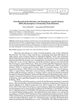 First Record of the Dacetine Ant Strumigenys Argiola (Emery, 1869) (Hymenoptera: Formicidae) from Romania Ioan TĂUȘAN1, *, Alexandru PINTILIOAIE2