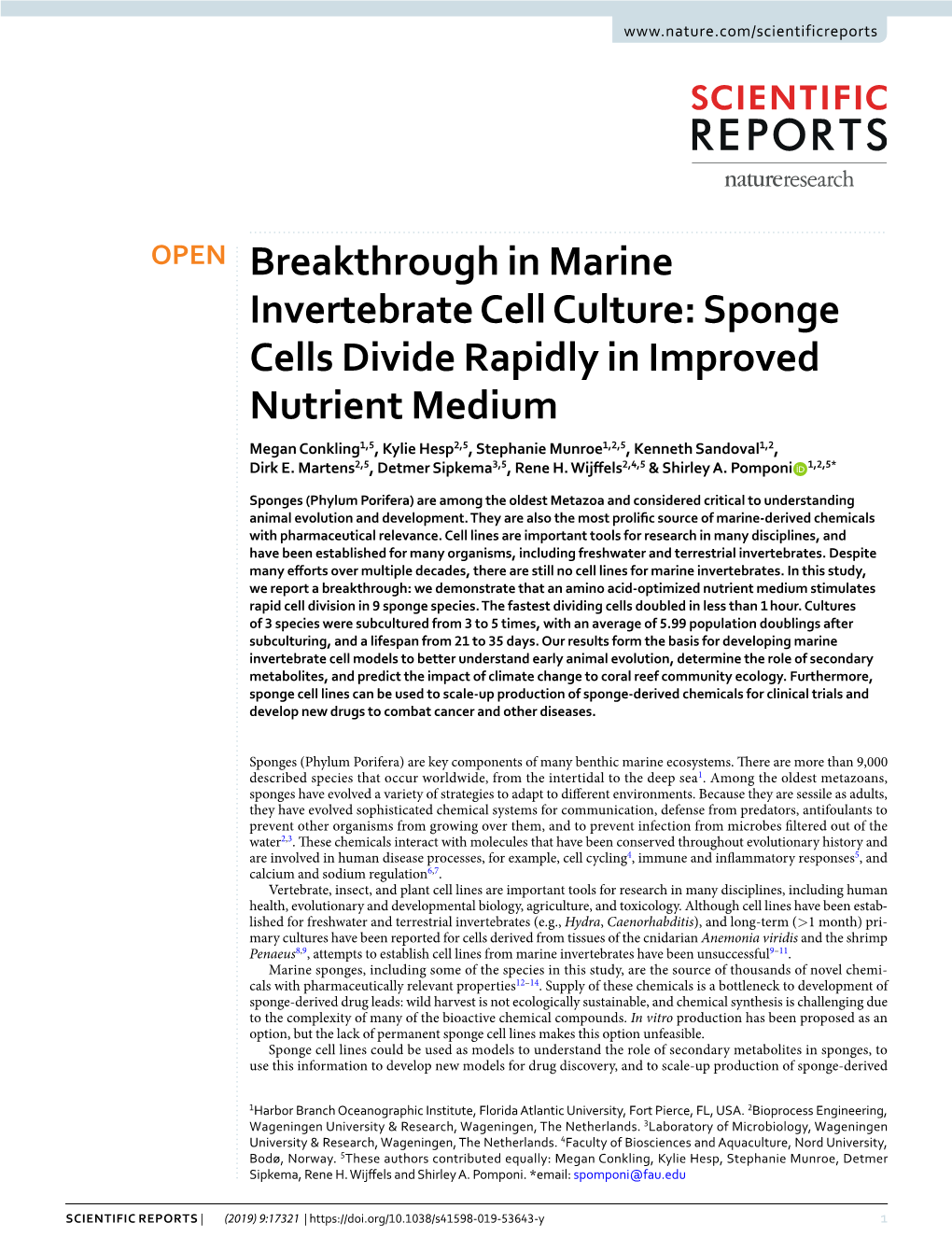 Breakthrough in Marine Invertebrate Cell Culture: Sponge Cells Divide Rapidly in Improved Nutrient Medium