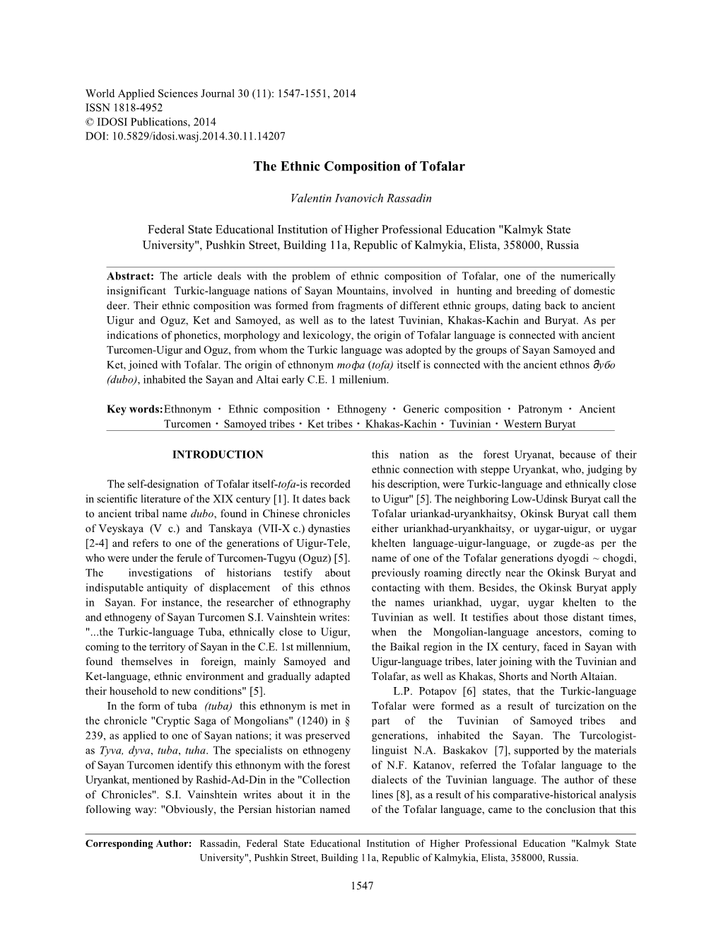 The Ethnic Composition of Tofalar