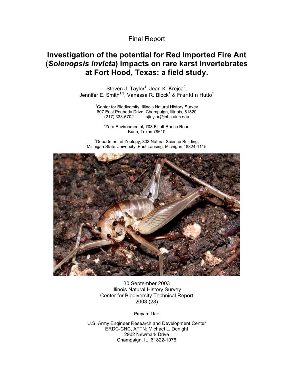 Investigation of the Potential for Red Imported Fire Ant (Solenopsis Invicta) Impacts on Rare Karst Invertebrates at Fort Hood, Texas: a Field Study