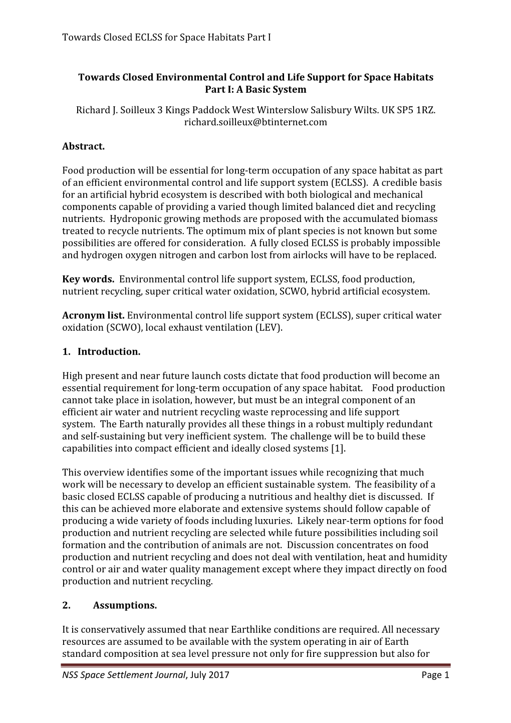 Towards Closed ECLSS for Space Habitats Part I