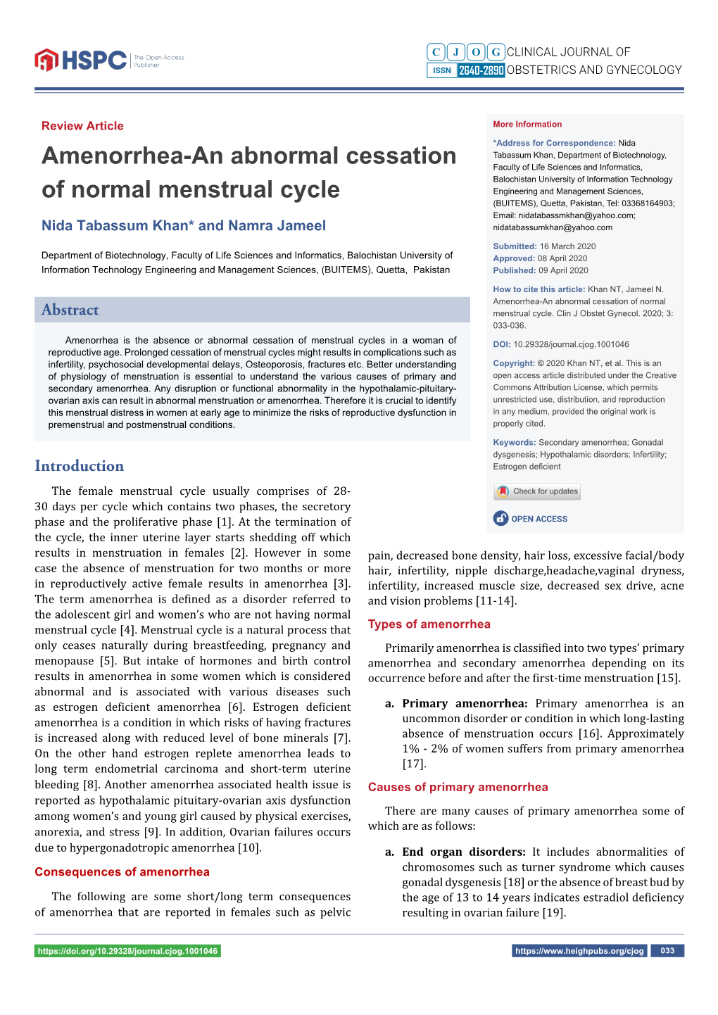 Amenorrhea-An Abnormal Cessation of Normal Menstrual Cycle