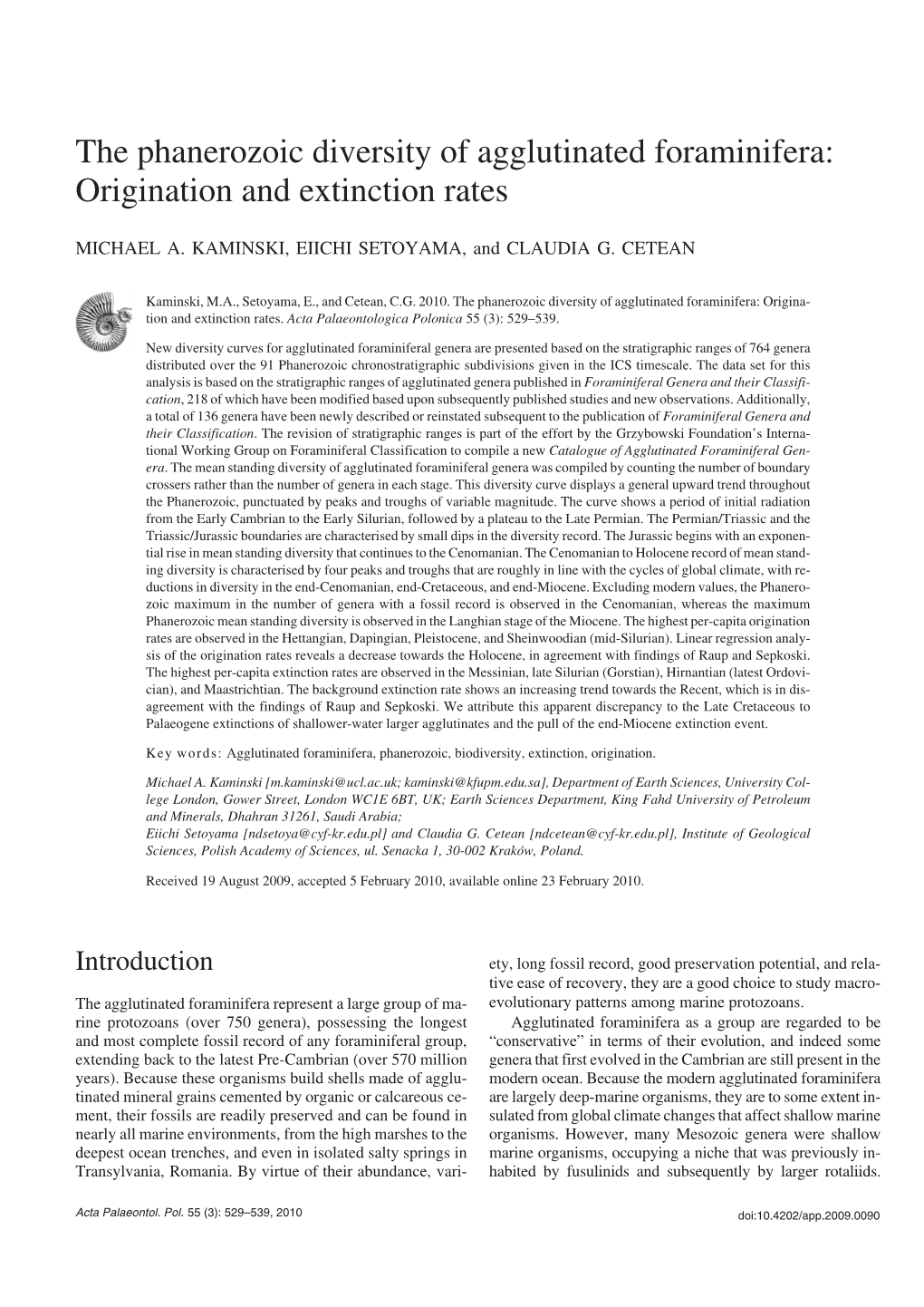 The Phanerozoic Diversity of Agglutinated Foraminifera: Origination and Extinction Rates