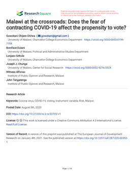 Does the Fear of Contracting COVID-19 Affect the Propensity to Vote?