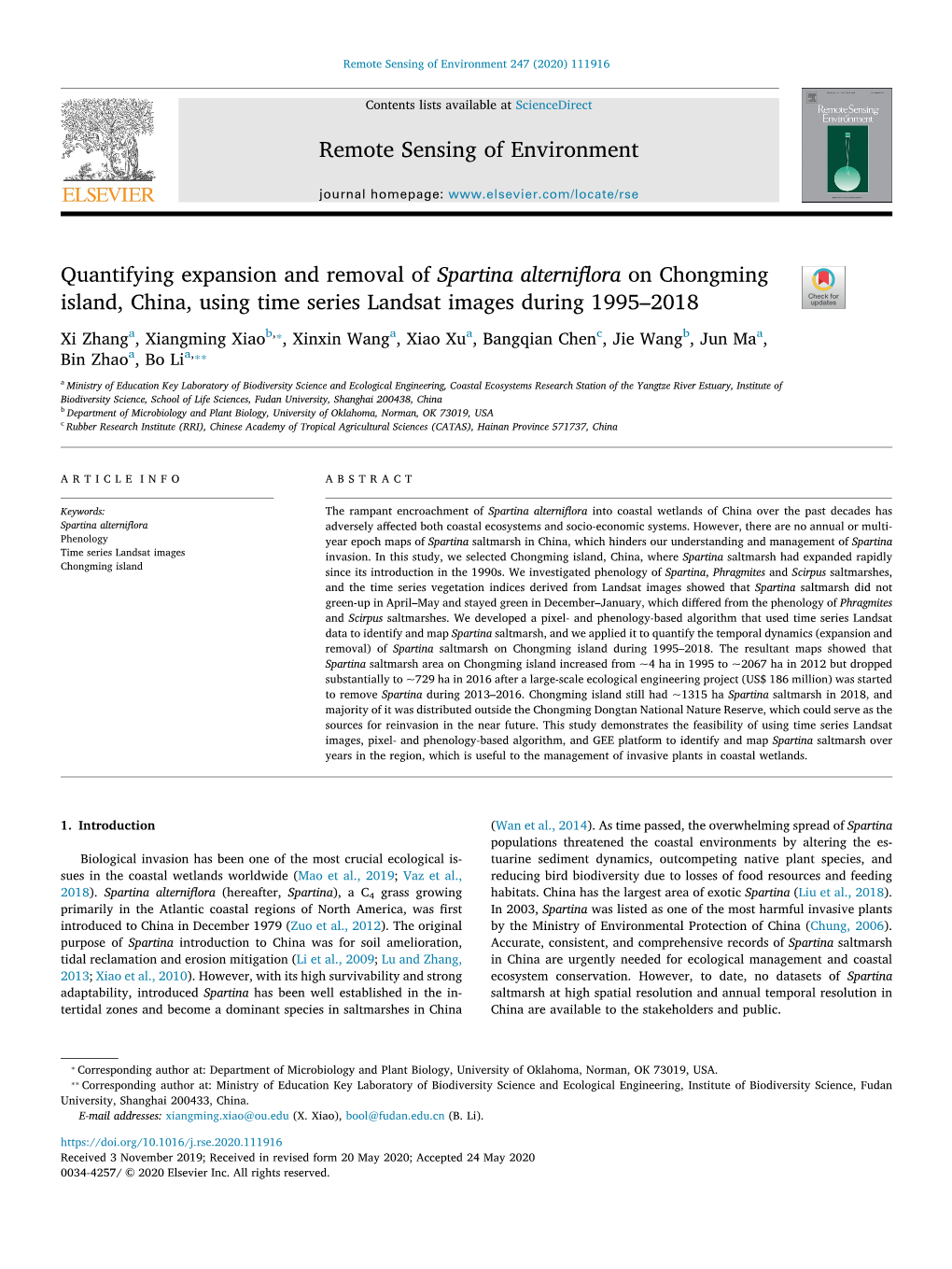 Quantifying Expansion and Removal of Spartina Alterniflora on Chongming