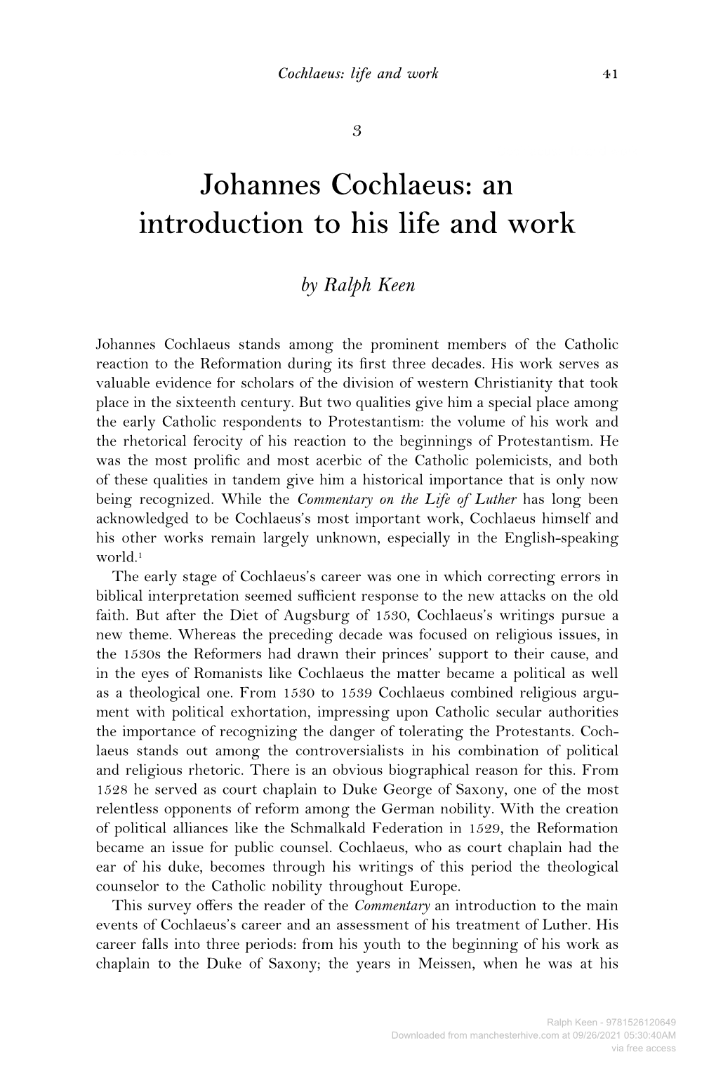 Johannes Cochlaeus: an Introduction to His Life and Work