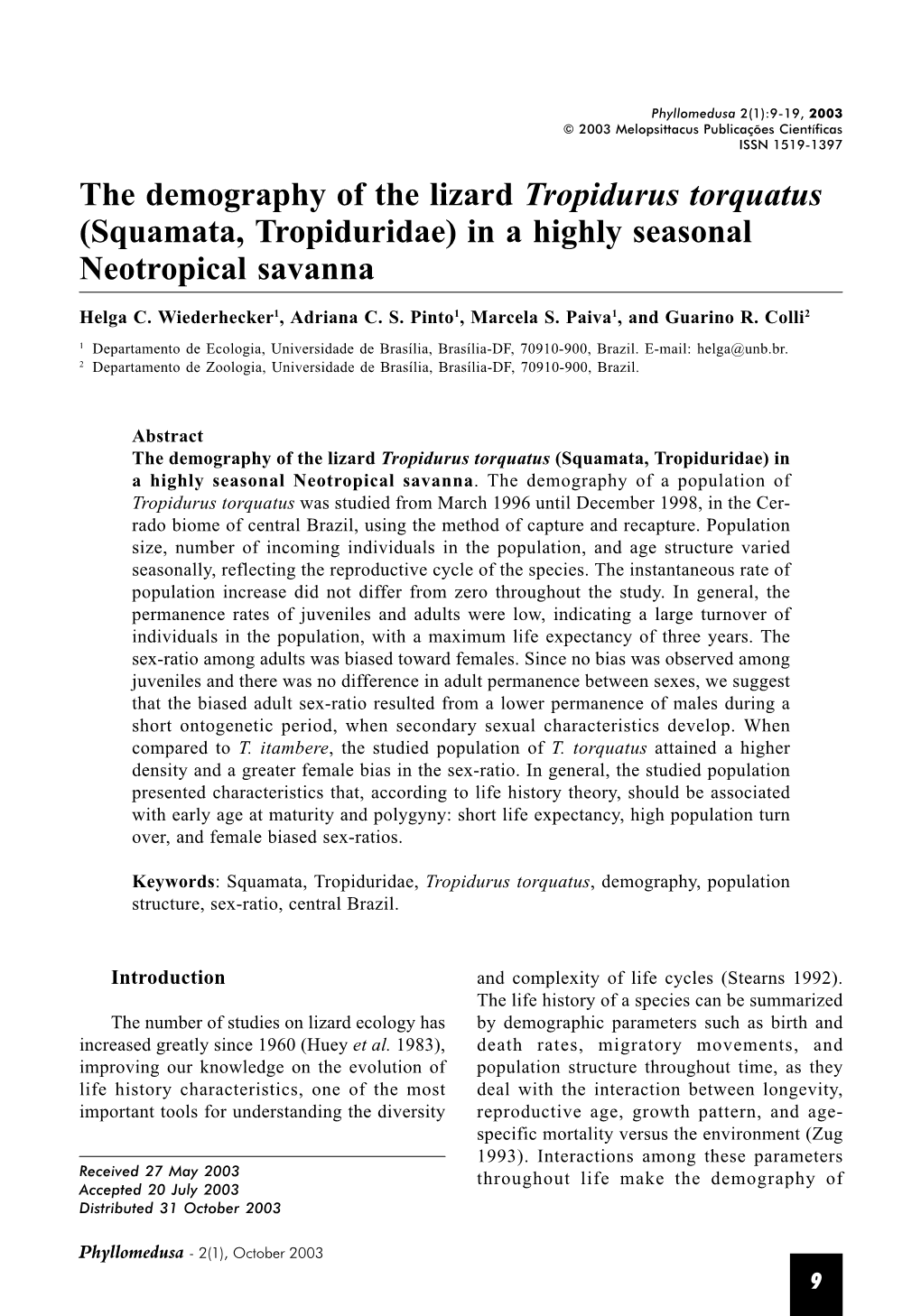 The Demography of the Lizard Tropidurus Torquatus (Squamata, Tropiduridae) in a Highly Seasonal Neotropical Savanna