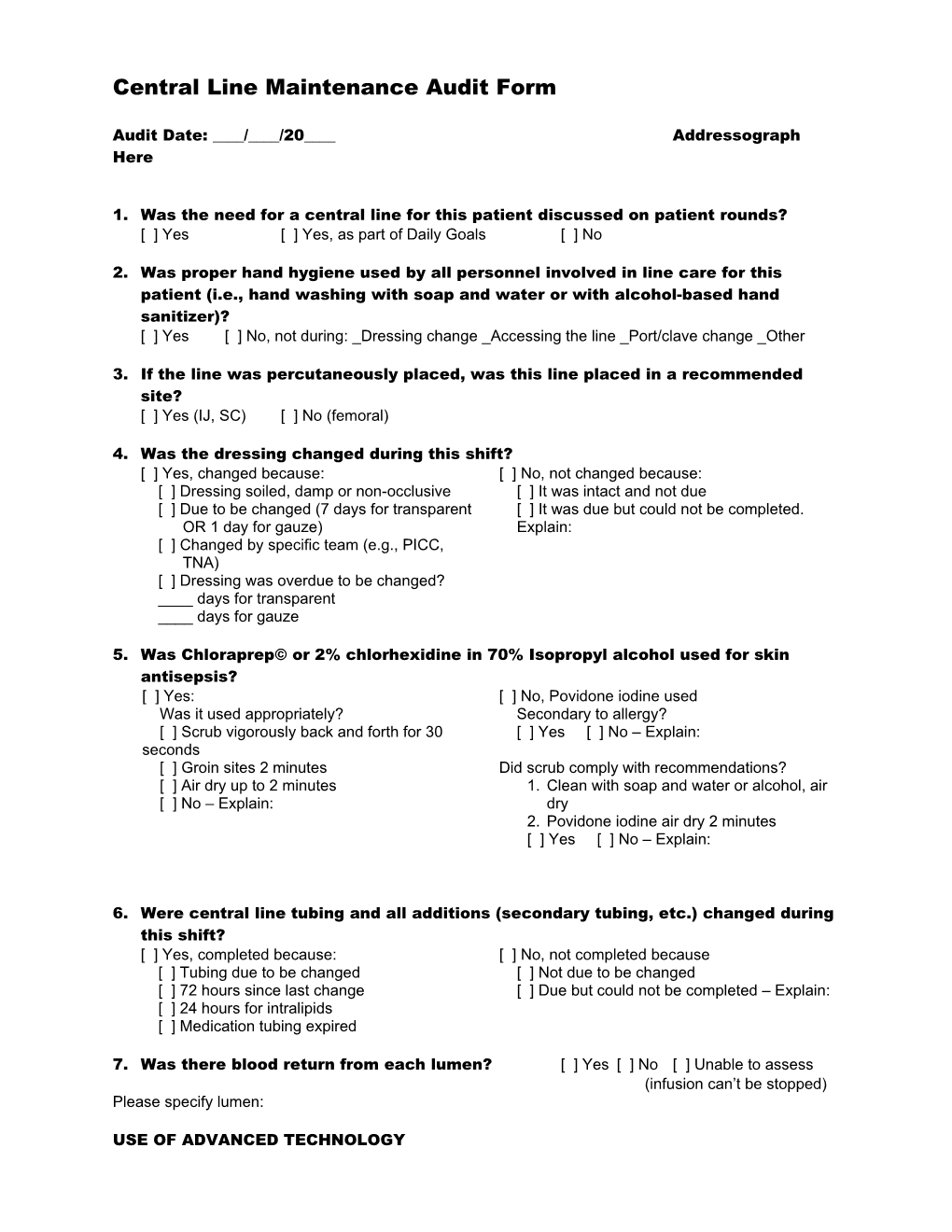 Central Line Maintenance Audit Form s1