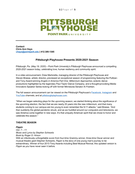 Pittsburgh Playhouse Presents 2020-2021 Season