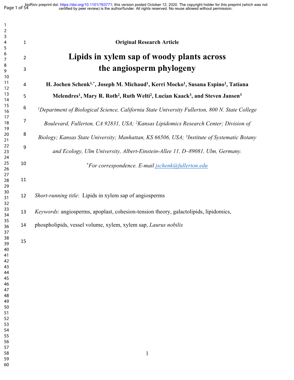 Lipids in Xylem Sap of Woody Plants Across the Angiosperm