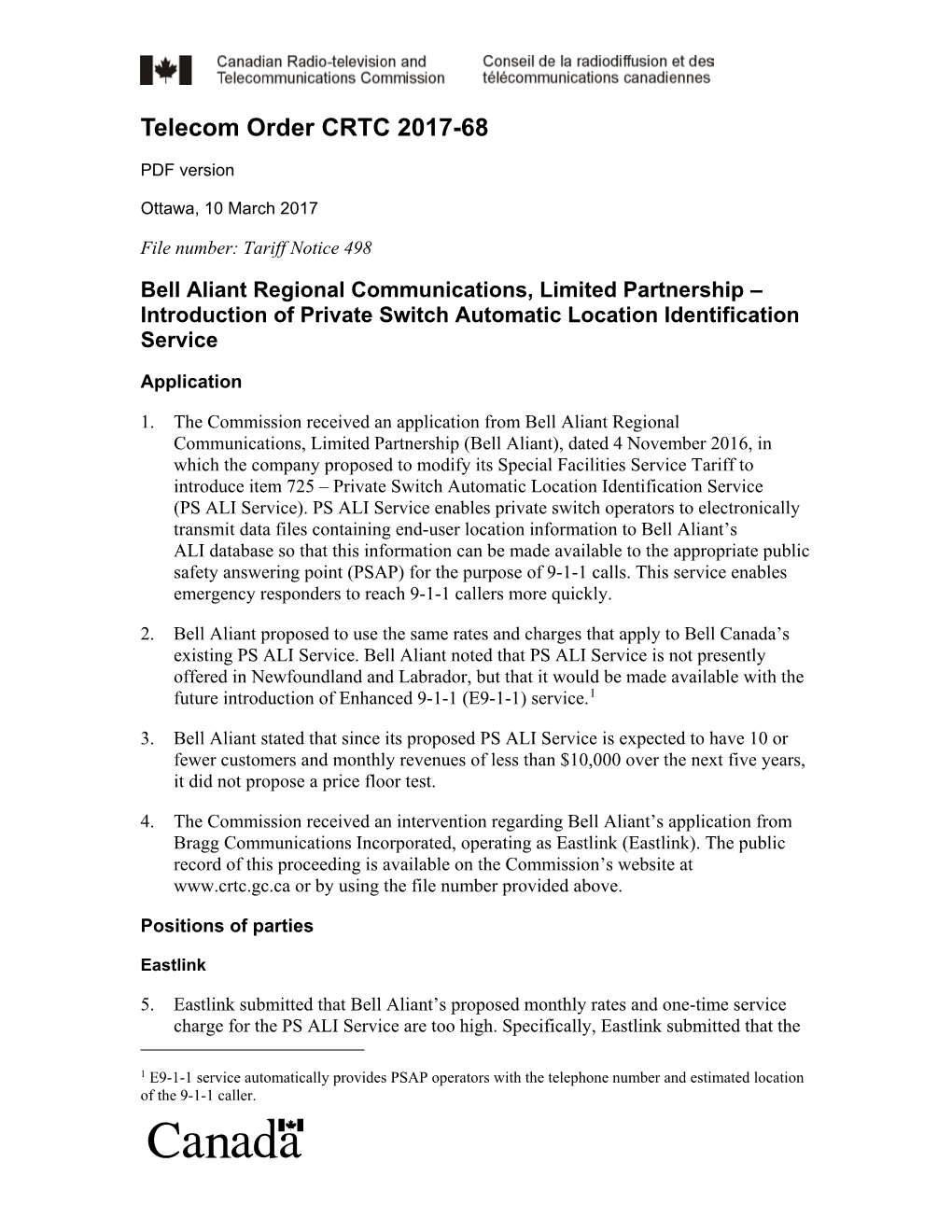 Bell Aliant Regional Communications, Limited Partnership – Introduction of Private Switch Automatic Location Identification Service