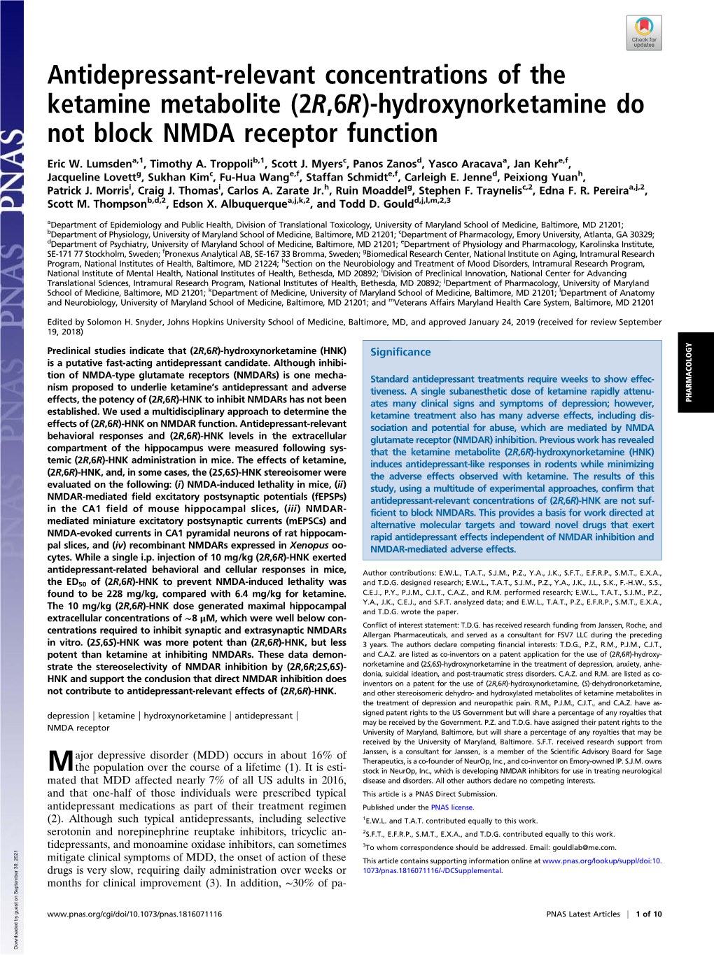 (2R,6R)-Hydroxynorketamine Do Not Block NMDA Receptor Function