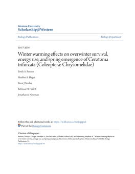 Winter Warming Effects on Overwinter Survival, Energy Use, and Spring Emergence of Cerotoma Trifurcata (Coleoptera: Chrysomelidae) Emily A