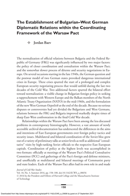 The Establishment of Bulgarian–West German Diplomatic Relations Within the Coordinating Framework of the Warsaw Pact