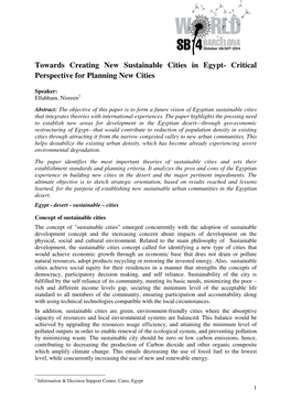 Towards Creating New Sustainable Cities in Egypt- Critical Perspective for Planning New Cities