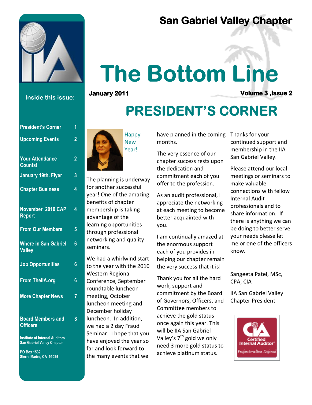 The Bottom Line January 2011 Volume 3 ,Issue 2 Inside This Issue: PRESIDENT’S CORNER