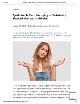 Apatheism Is More Damaging to Christianity Than Atheism and Antitheism - Public Discourse