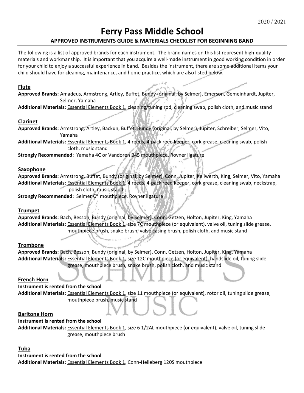 Ferry Pass Middle School APPROVED INSTRUMENTS GUIDE & MATERIALS CHECKLIST for BEGINNING BAND