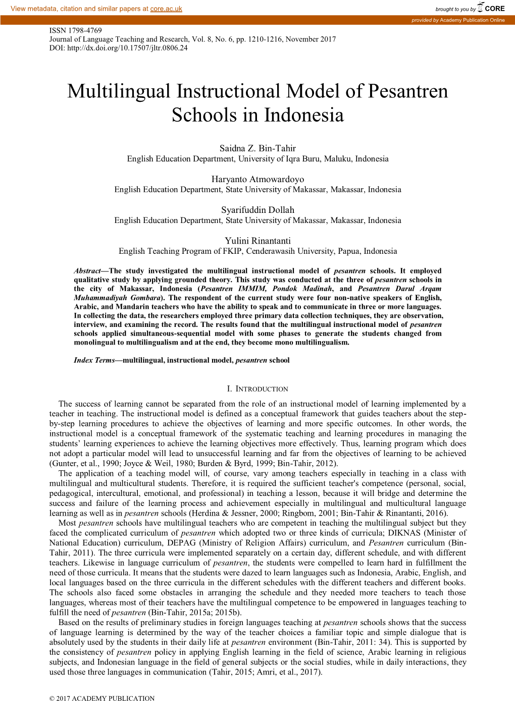 Multilingual Instructional Model of Pesantren Schools in Indonesia