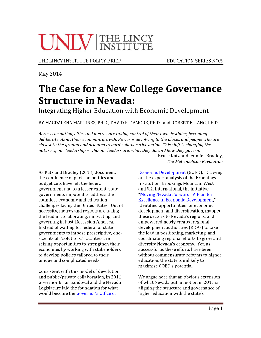 The Case for a New College Governance Structure in Nevada: Integrating Higher Education with Economic Development