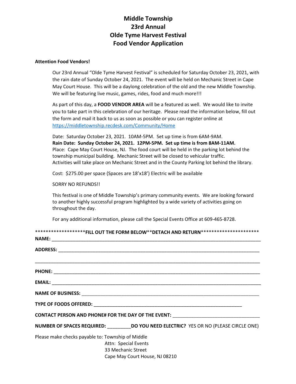 Middle Township 23Rd Annual Olde Tyme Harvest Festival Food Vendor Application