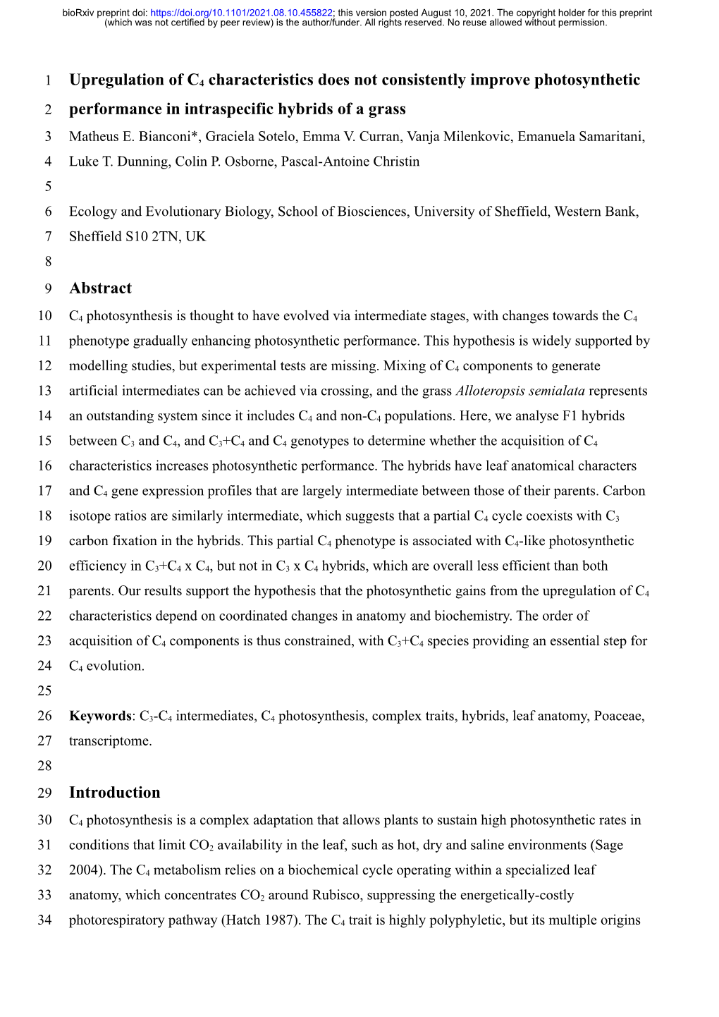 Upregulation of C4 Characteristics Does Not Consistently Improve Photosynthetic 2 Performance in Intraspecific Hybrids of a Grass 3 Matheus E