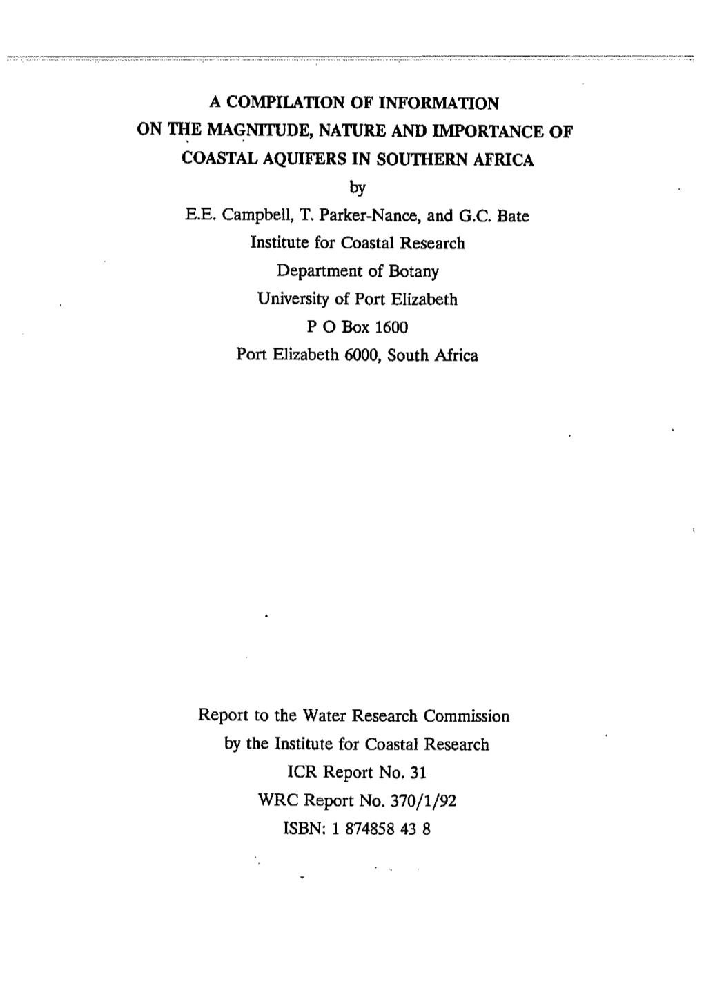 A COMPILATION of INFORMATION on the MAGNITUDE, NATURE and IMPORTANCE of COASTAL AQUIFERS in SOUTHERN AFRICA by E.E