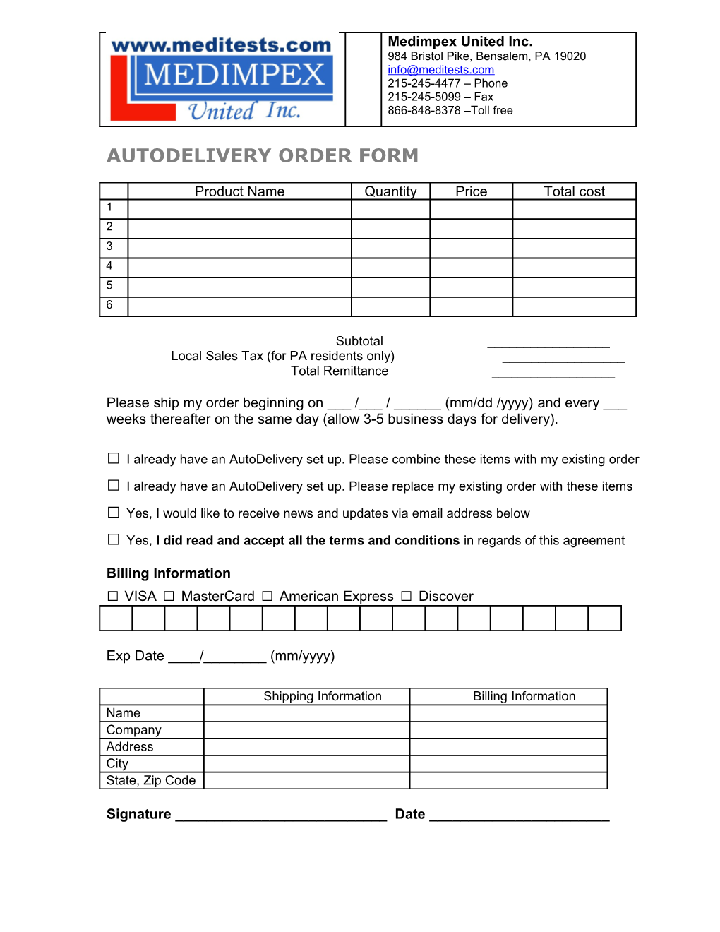 Autodelivery Order Form