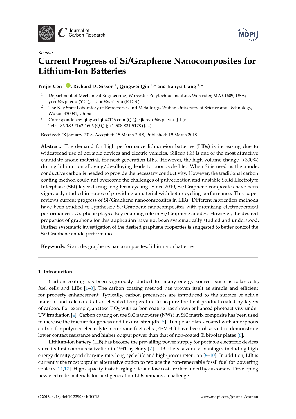 Current Progress of Si/Graphene Nanocomposites for Lithium-Ion Batteries