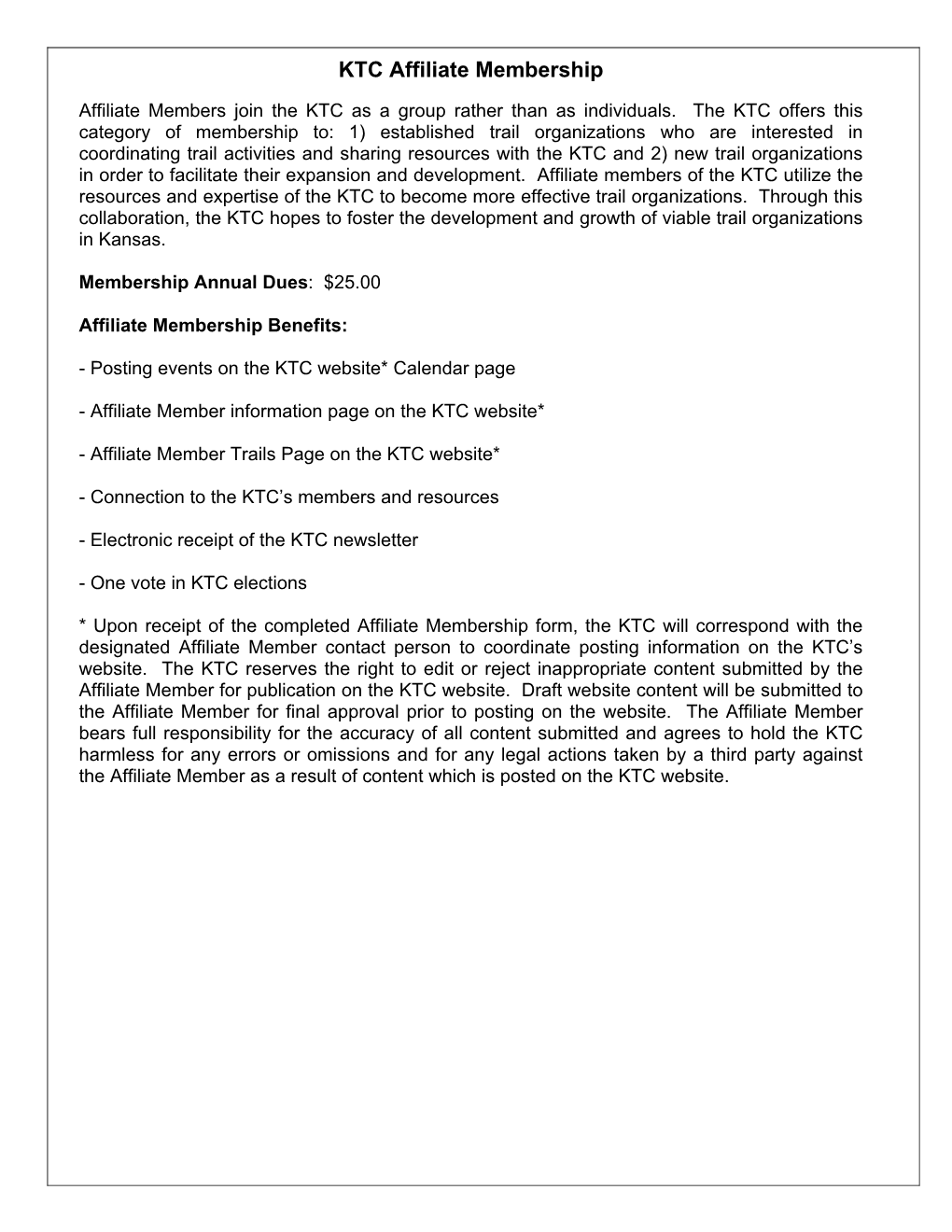 Affiliate Membership Form, the KTC Will Correspond with the Designated Affiliate Member Contact Person to Coordinate Posting Information on the KTC’S Website