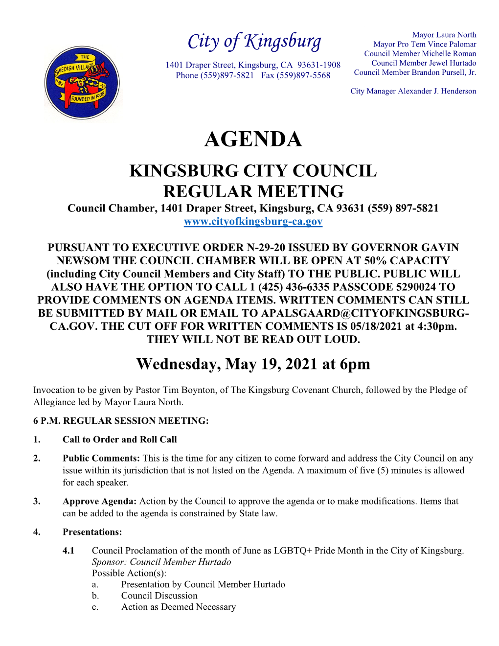 City Council Regular Meeting Agenda