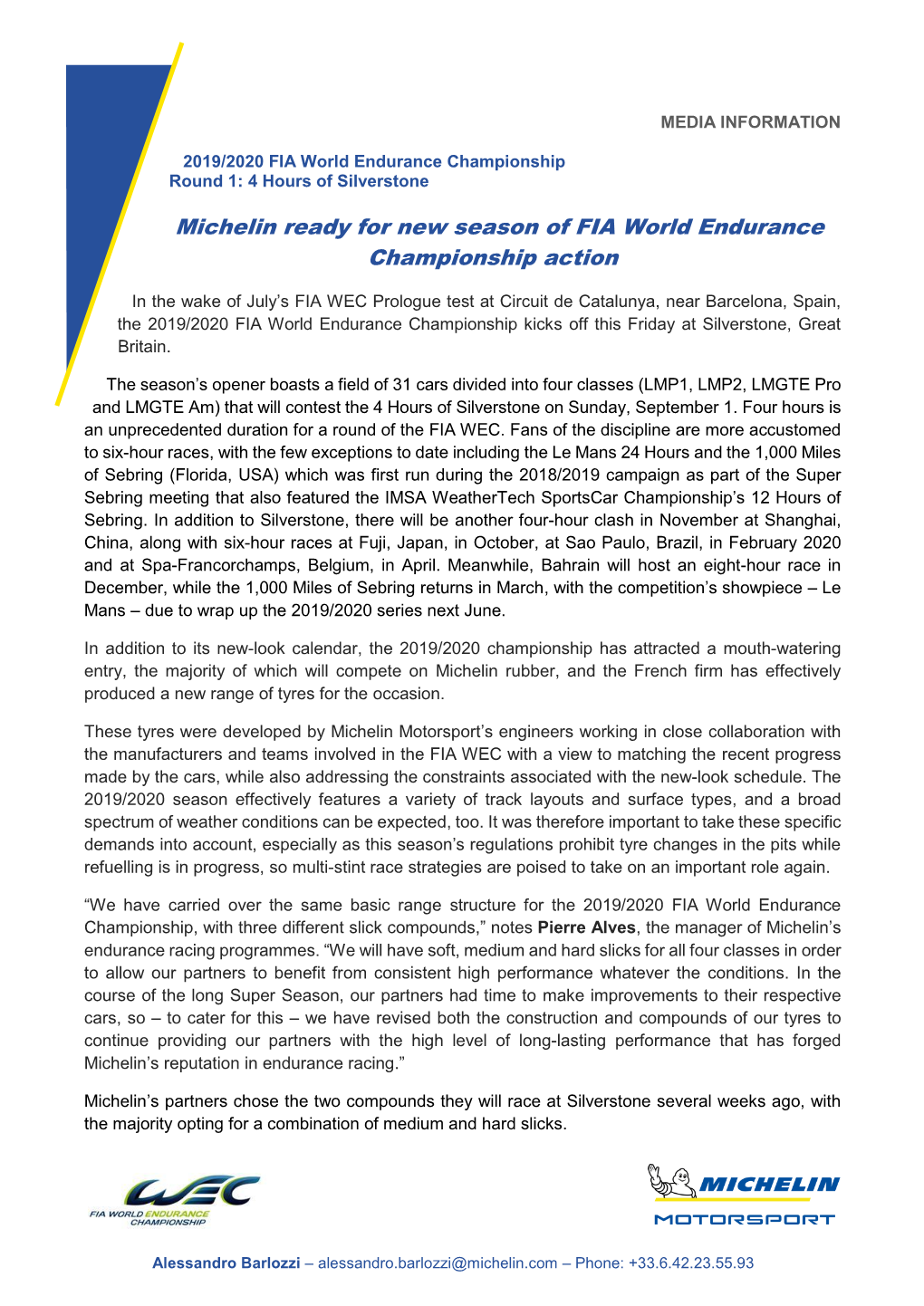Michelin Ready for New Season of FIA World Endurance Championship Action