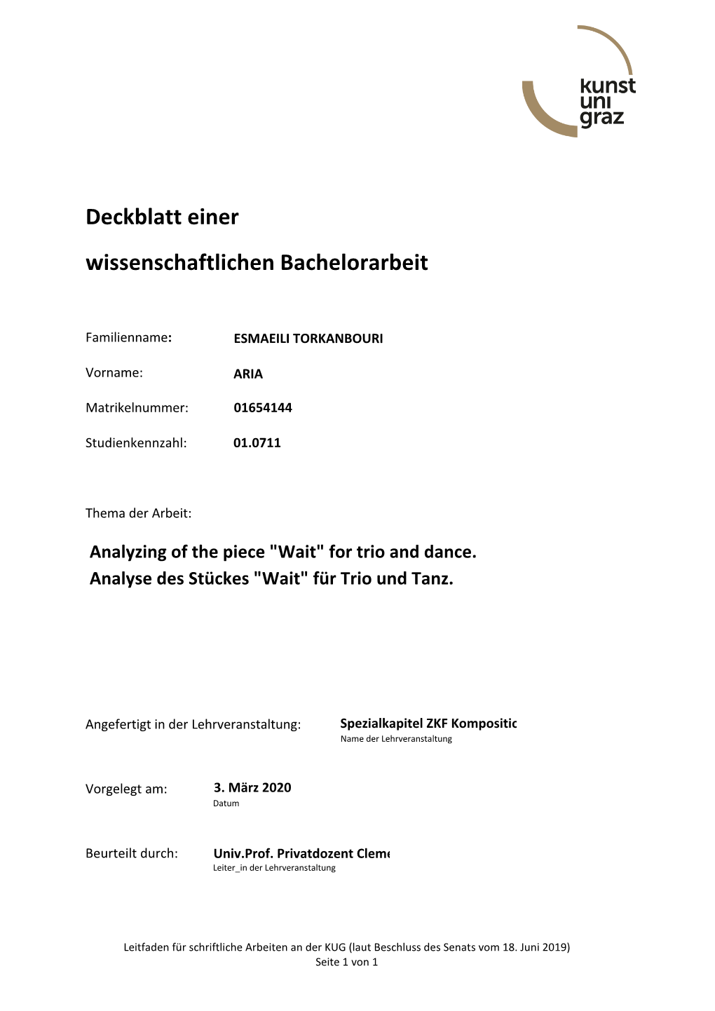 Deckblatt Einer Wissenschaftlichen Bachelorarbeit