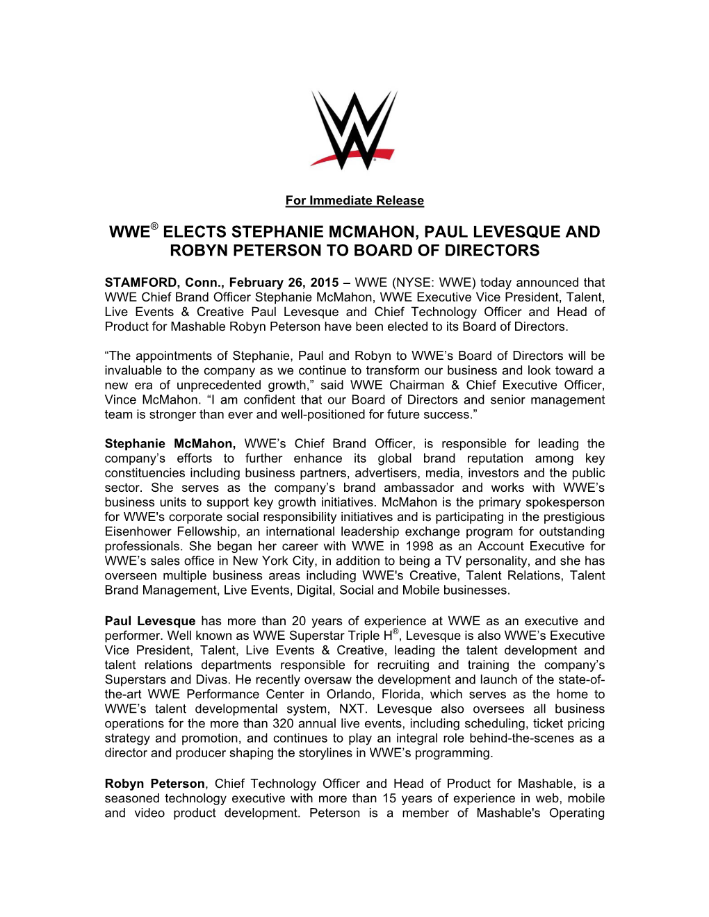 Wwe Elects Stephanie Mcmahon, Paul Levesque