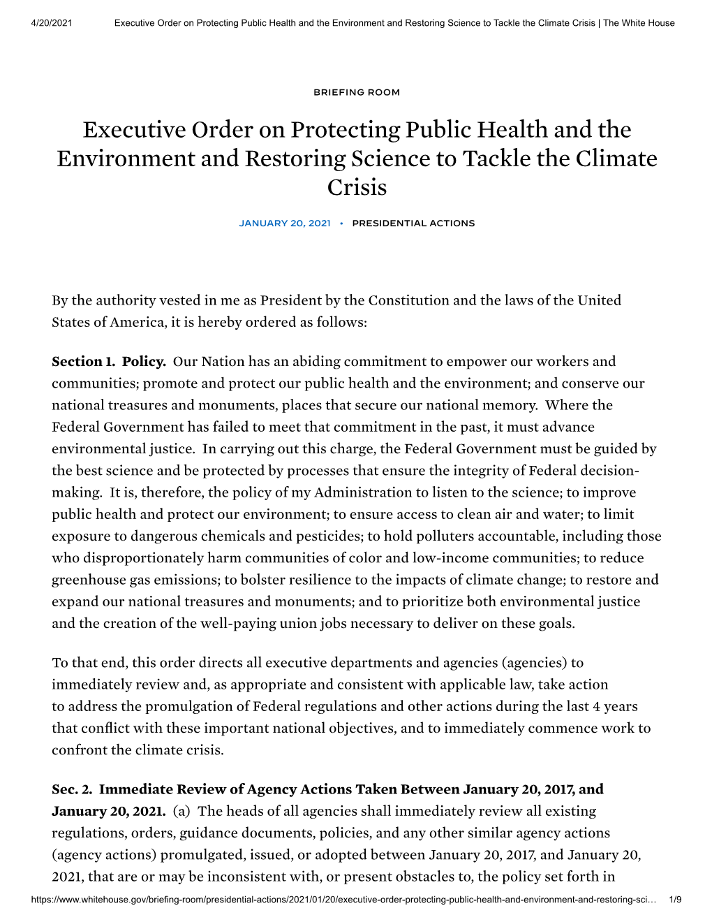 Executive Order on Protecting Public Health and the Environment and Restoring Science to Tackle the Climate Crisis | the White House