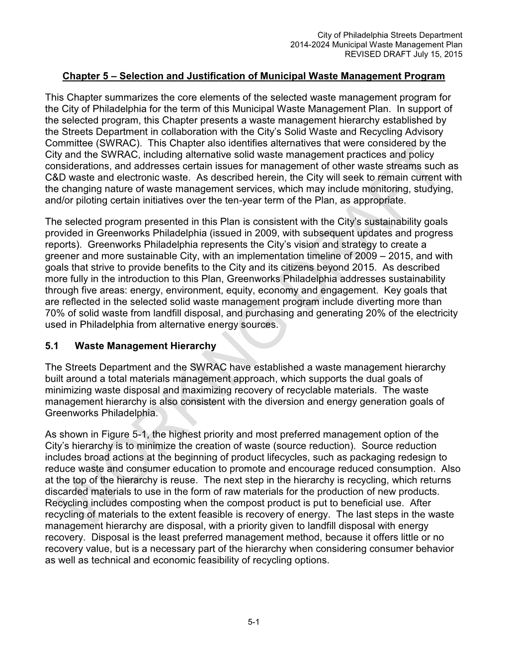 Chapter 5 – Selection and Justification of Municipal Waste Management Program This Chapter Summarizes the Core Elements Of