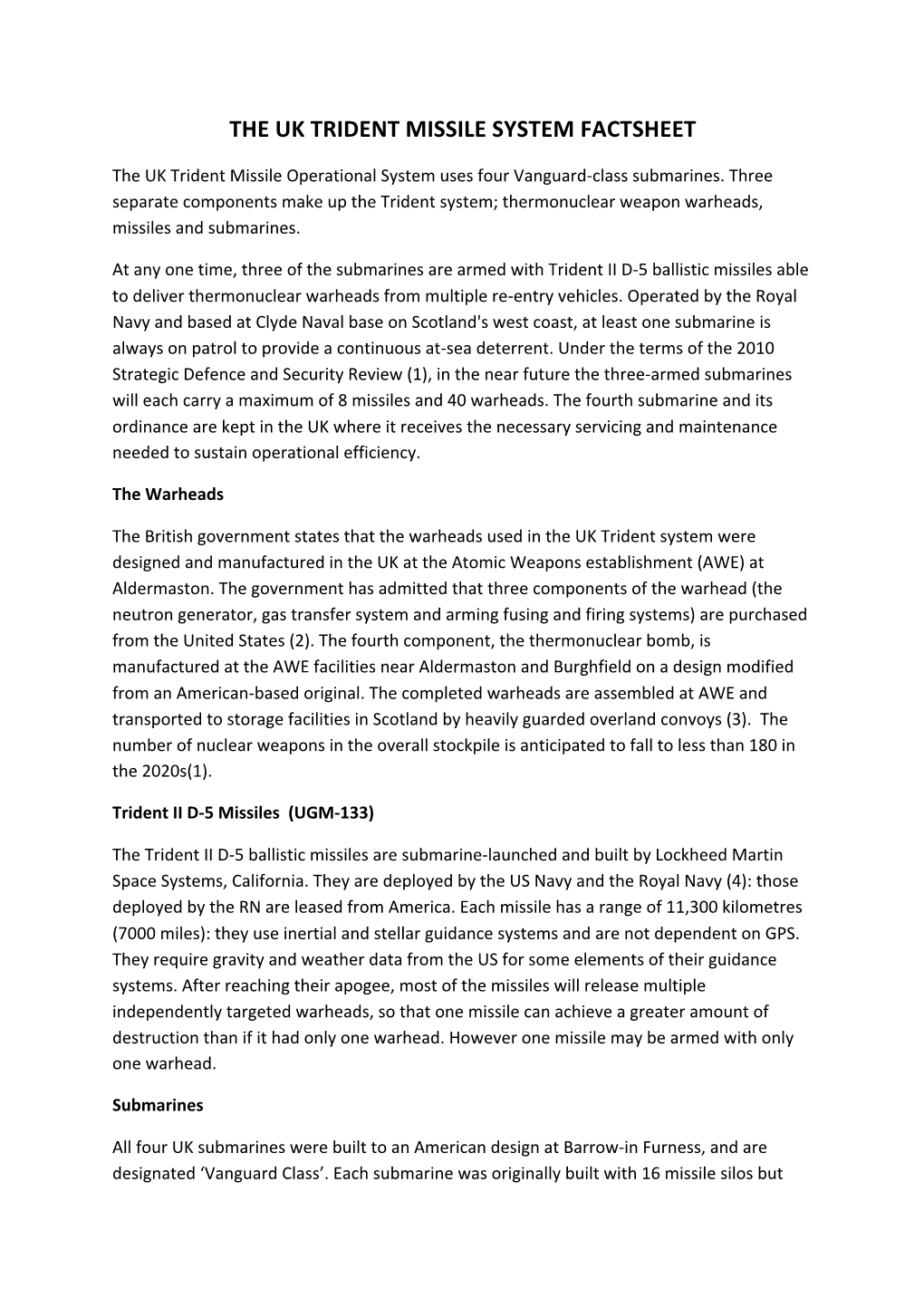 The Uk Trident Missile System Factsheet