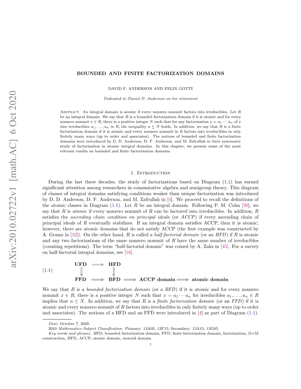 Arxiv:2010.02722V1 [Math.AC] 6 Oct 2020 Aiﬁsthe Satisﬁes Osrcin F,AC,Aoi Oan Ooddomain