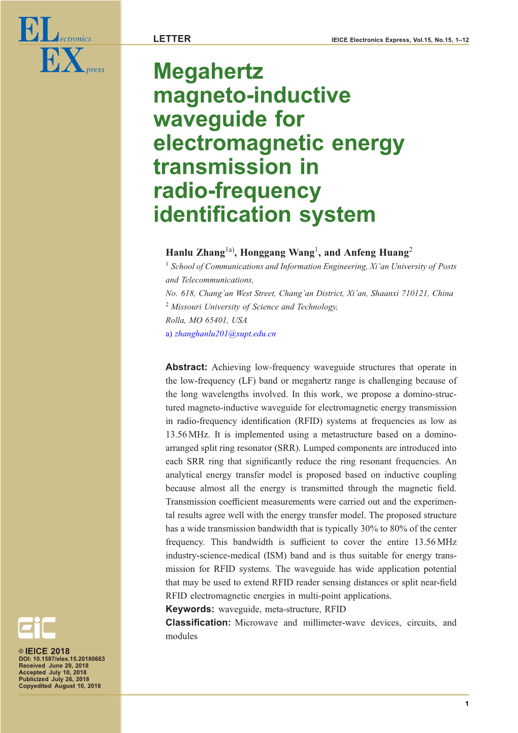 Megahertz Magneto-Inductive Waveguide for Electromagnetic Energy Transmission in Radio-Frequency Identiﬁcation System