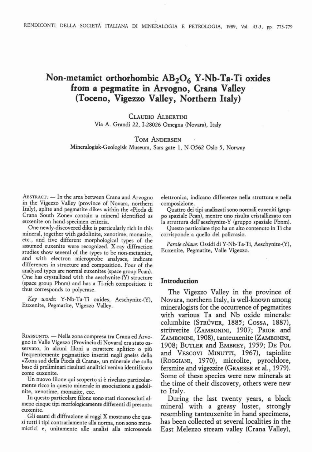 Non.Metamict Orthorhombic AB 0 Y.Nb·Ta·Ti Oxides from A