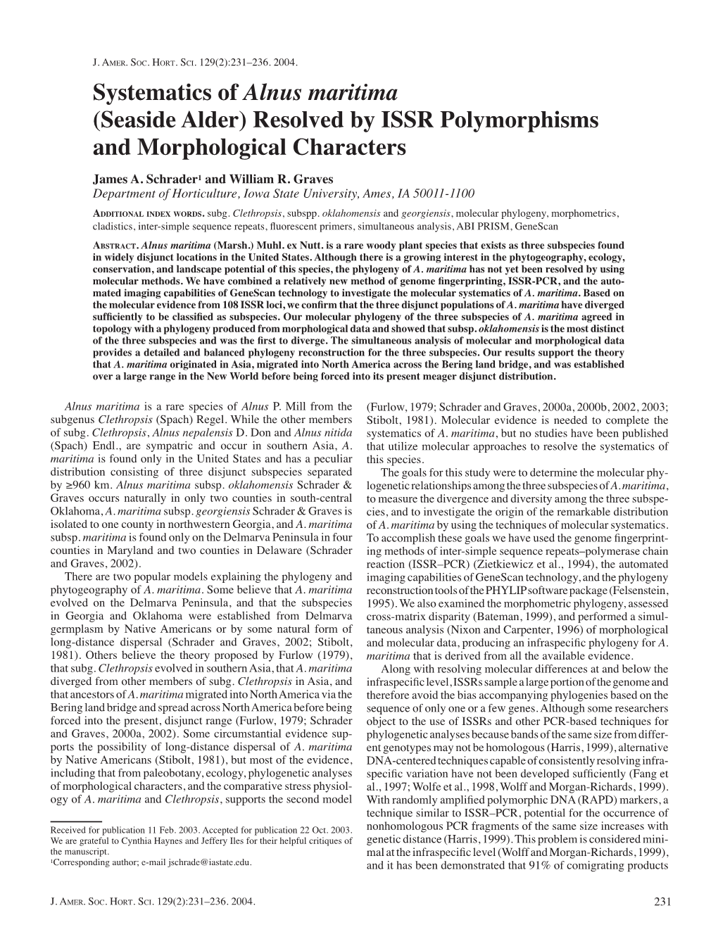 Systematics of Alnus Maritima (Seaside Alder) Resolved by ISSR Polymorphisms and Morphological Characters