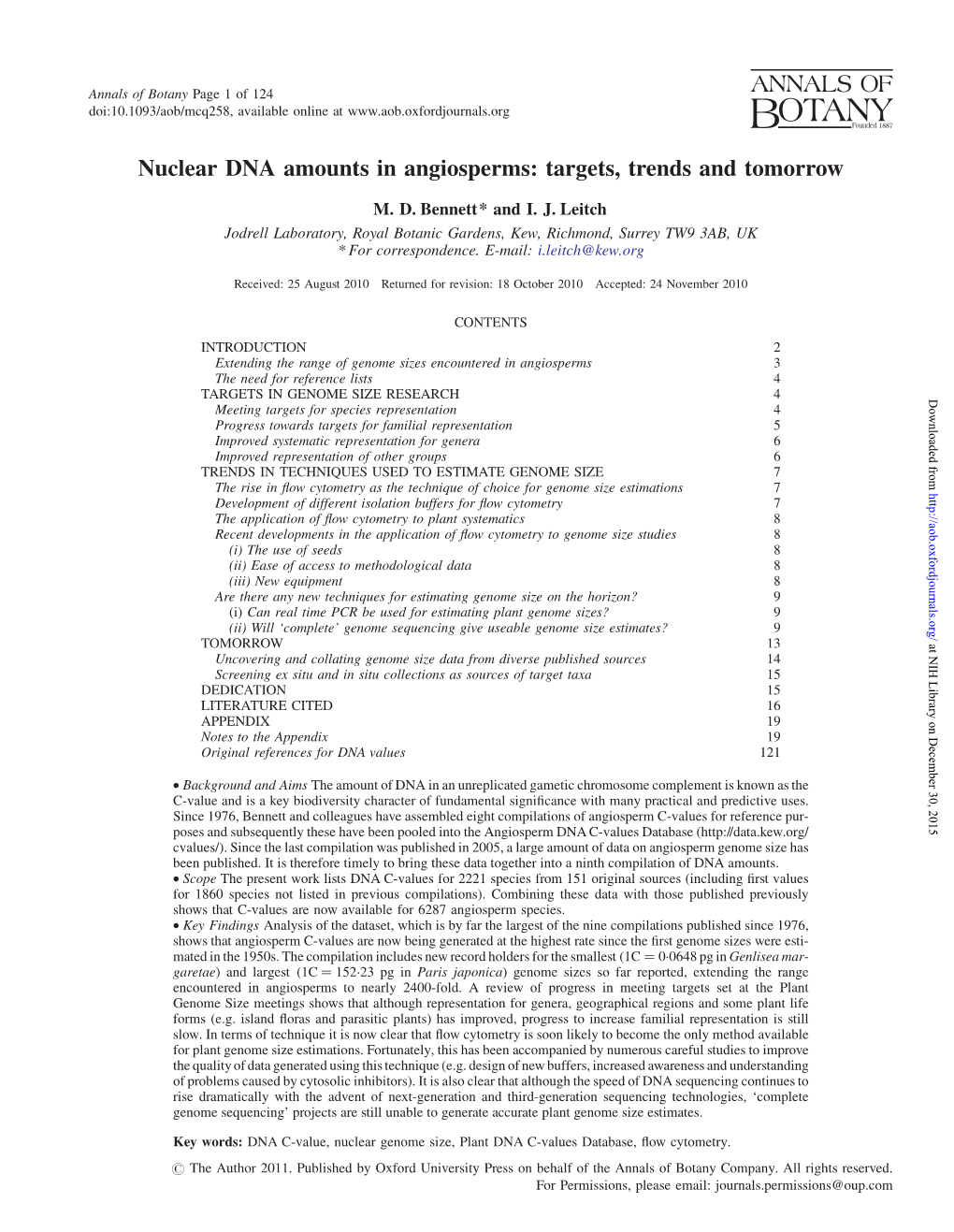 Nuclear DNA Amounts in Angiosperms: Targets, Trends and Tomorrow