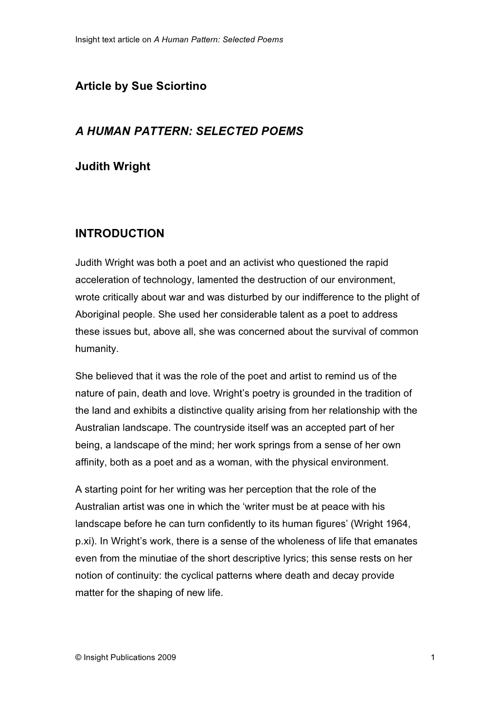 Article by Sue Sciortino a HUMAN PATTERN: SELECTED POEMS