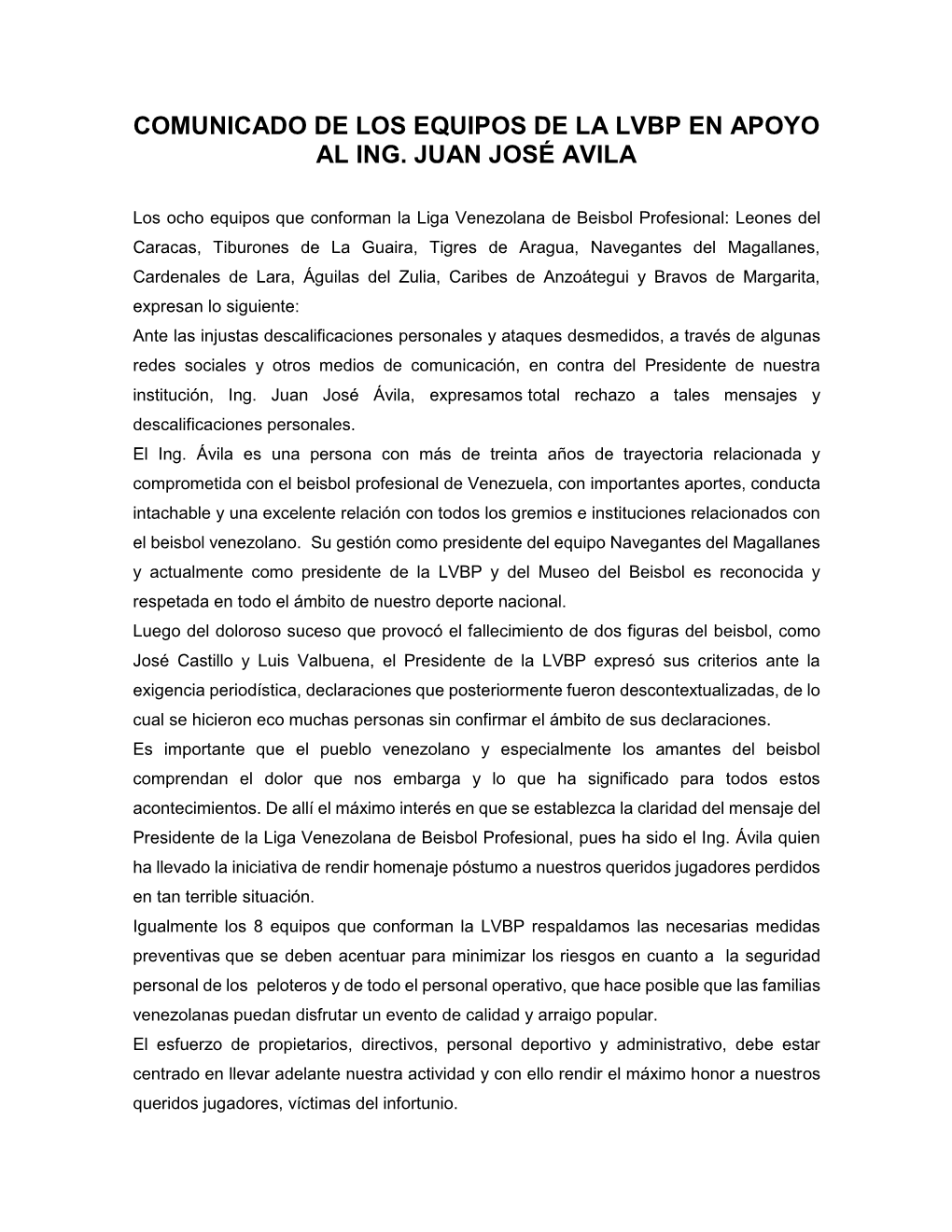 Comunicado De Los Equipos De La Lvbp En Apoyo Al Ing