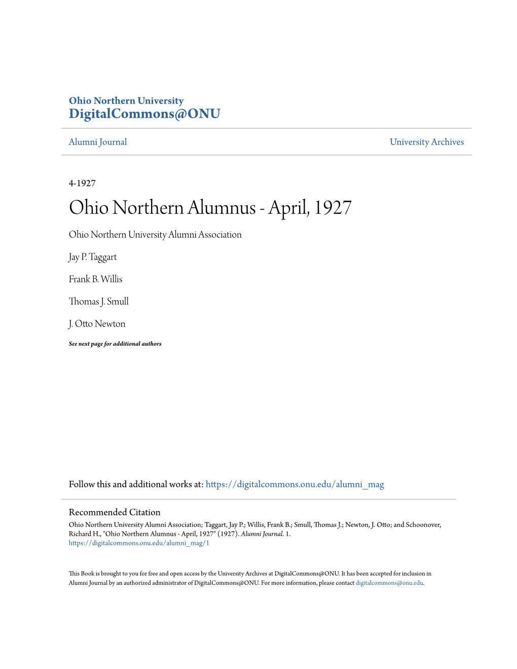 Ohio Northern Alumnus - April, 1927 Ohio Northern University Alumni Association