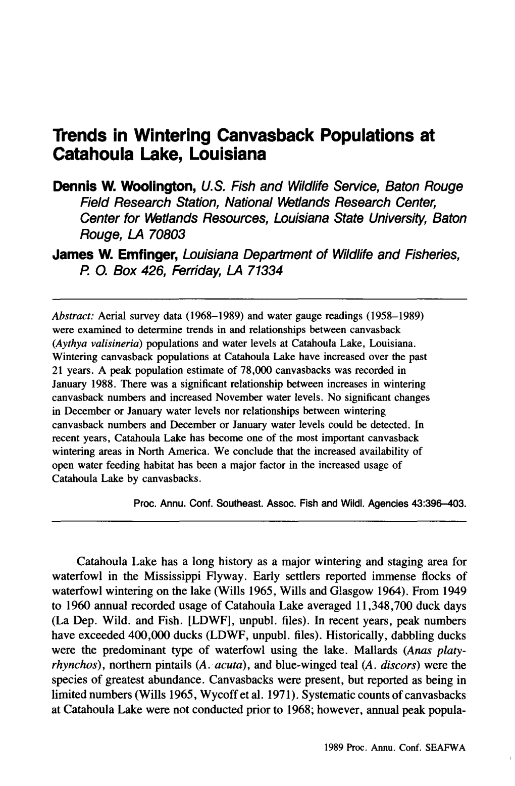 Trends in Wintering Canvasback Populations at Catahoula Lake, Louisiana