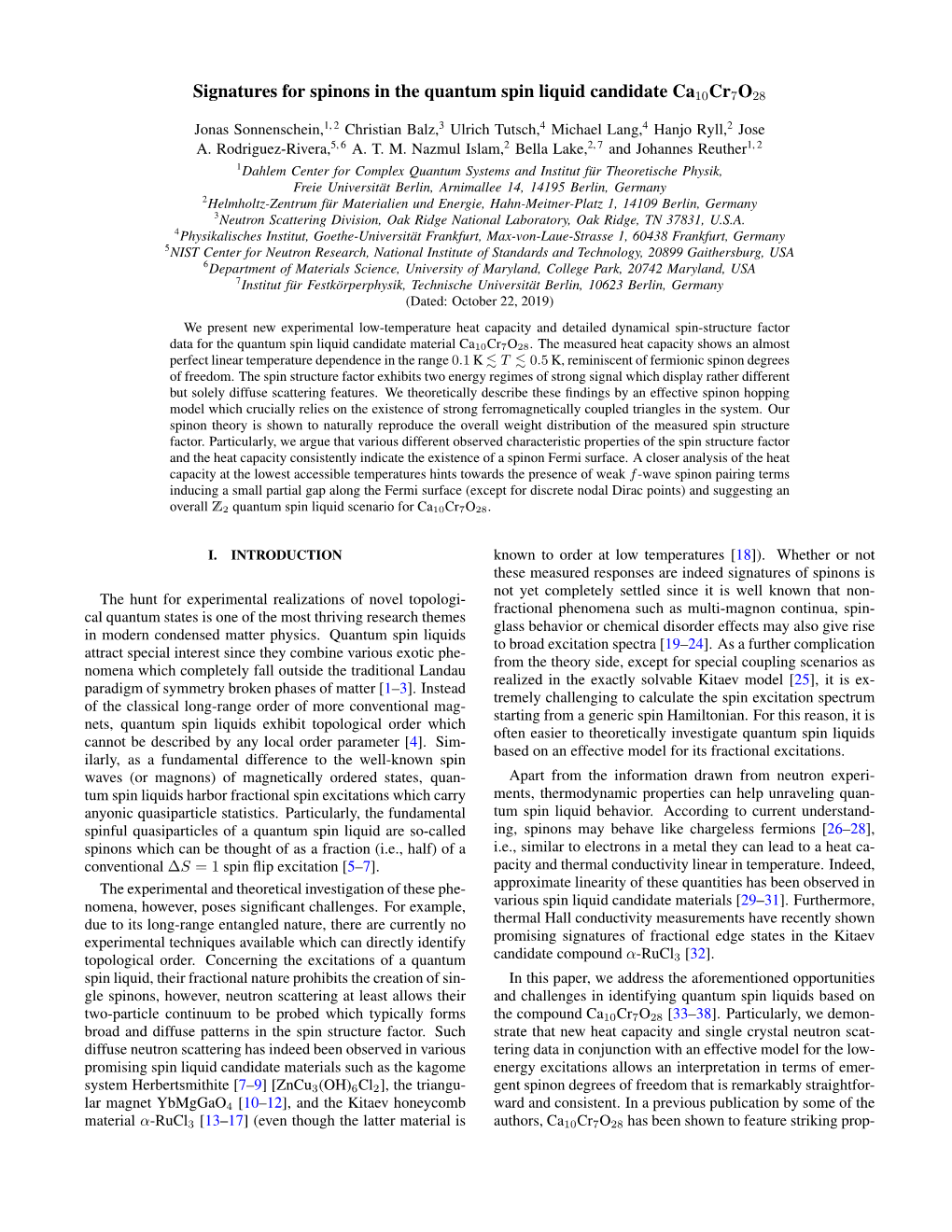 Signatures for Spinons in the Quantum Spin Liquid Candidate Ca10cr7o28