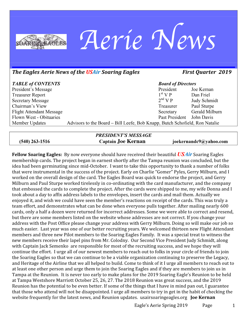 The Eagles Aerie News of the Usair Soaring Eagles First Quarter 2019