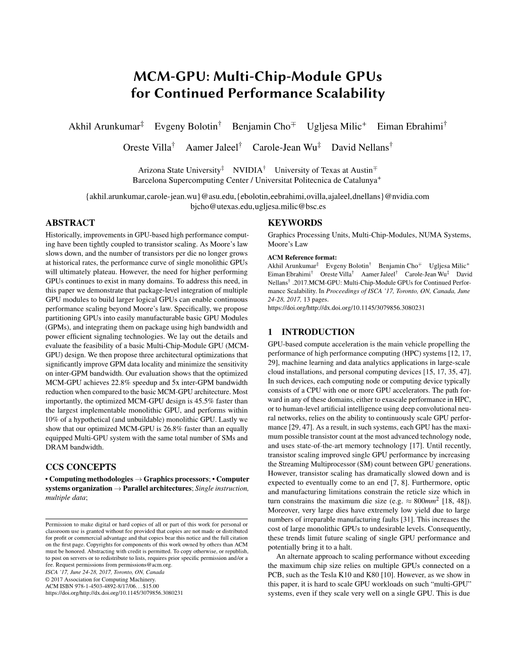 MCM-GPU: Multi-Chip-Module Gpus for Continued Performance Scalability