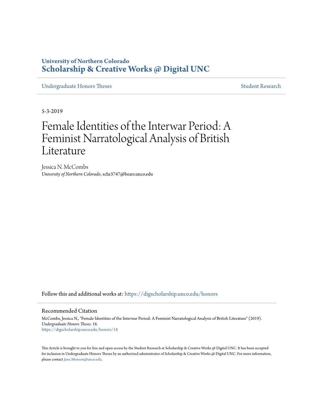 Female Identities of the Interwar Period: a Feminist Narratological Analysis of British Literature Jessica N